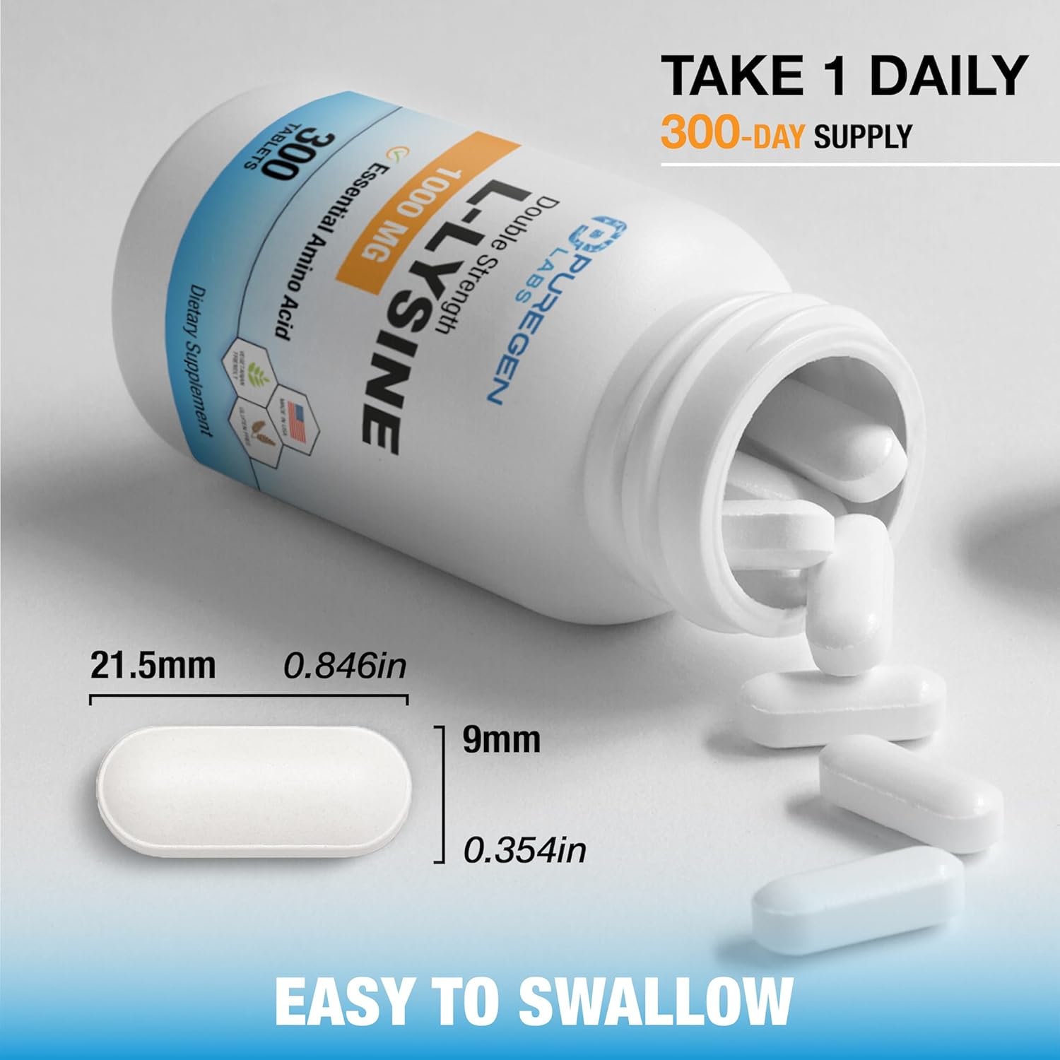 Puregen Labs L-Lysine Extra Strength 1000 MG per Tablet - 300 Servings | High Potency, Immune and Collagen Synthesis Support, Non-GMO, NO Gluten and Dairy - 300 Tablets - Made in USA – 1PK