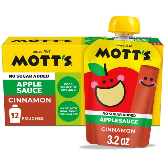 Mott's No Sugar Added Cinnamon Applesauce, 3.2 oz, 12 Count Clear Pouches