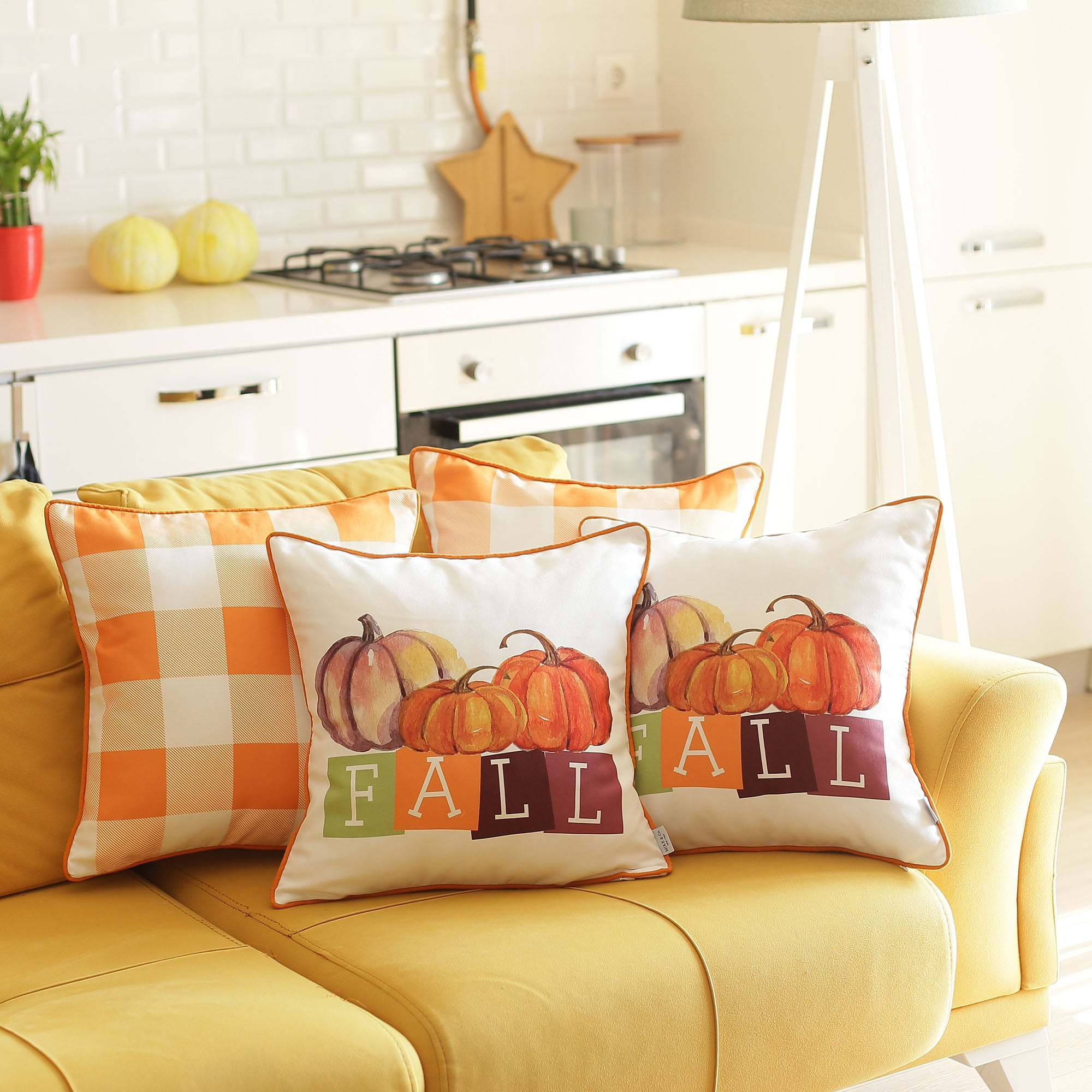 Fall Season Decorative Throw Pillow Set of 4 Pumpkin & Solid Orange 18 in. x 18 in. Square for Couch, Bedding, Size: 18 x 18, White