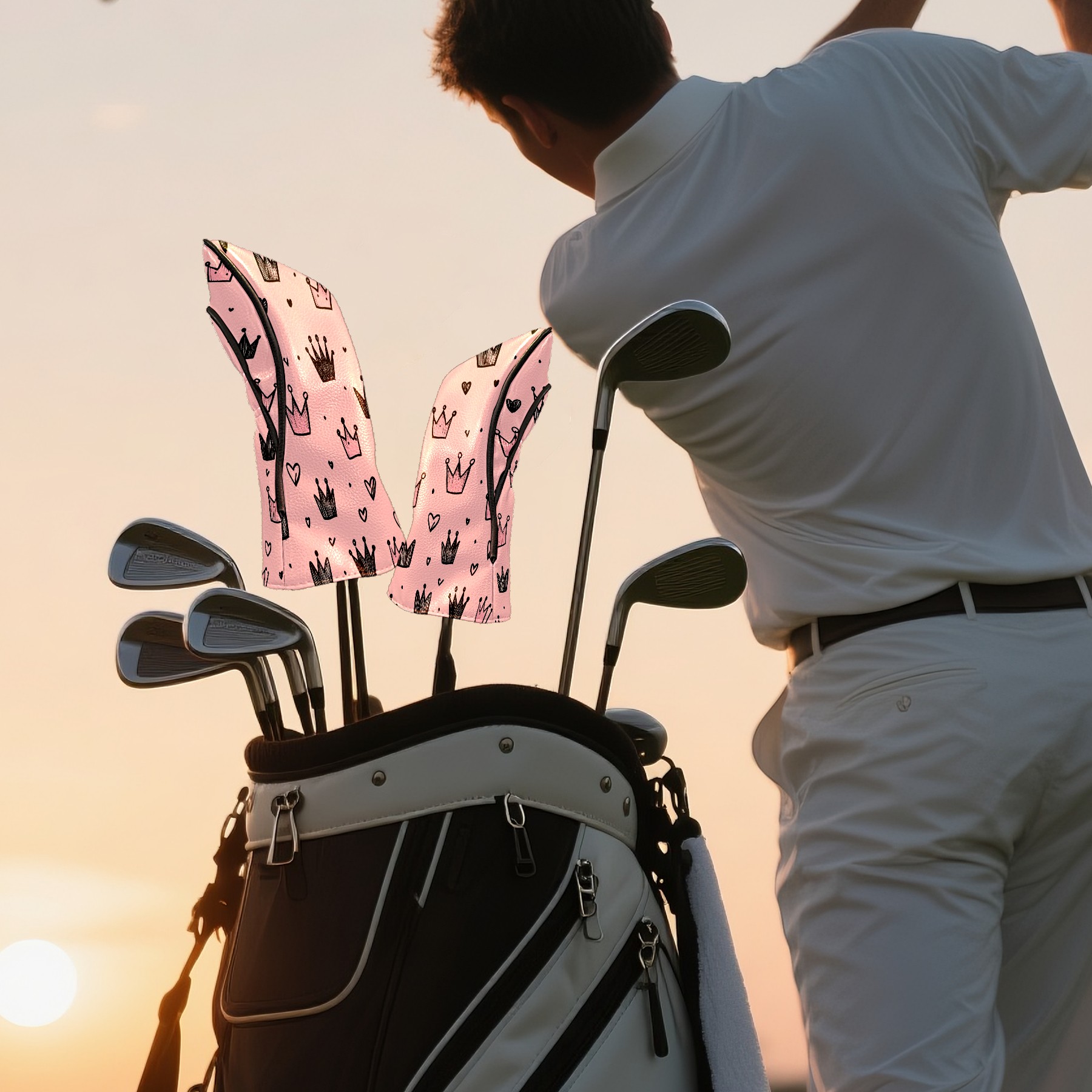 Golf Club Covers, Pink Crown Hearts Premium PU Leather Driver Hybrid Putter Head Covers with Velvet Lining, Waterproof Golf Gifts for Men Women