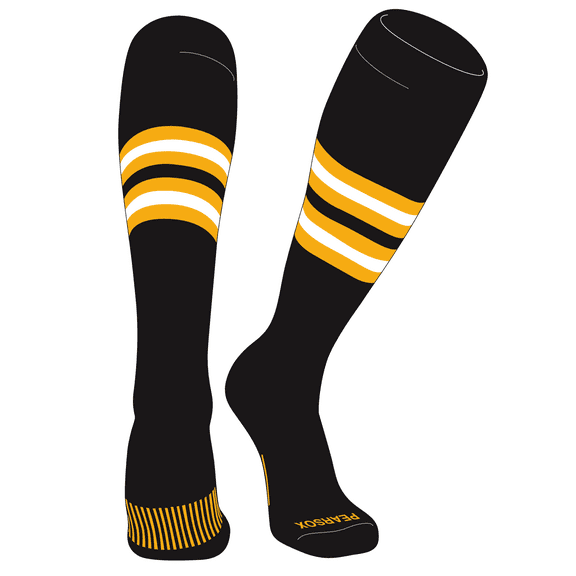 PEAR SOX Striped OTC Baseball, Softball, Football Socks (F) Black, Gold, White (XS)