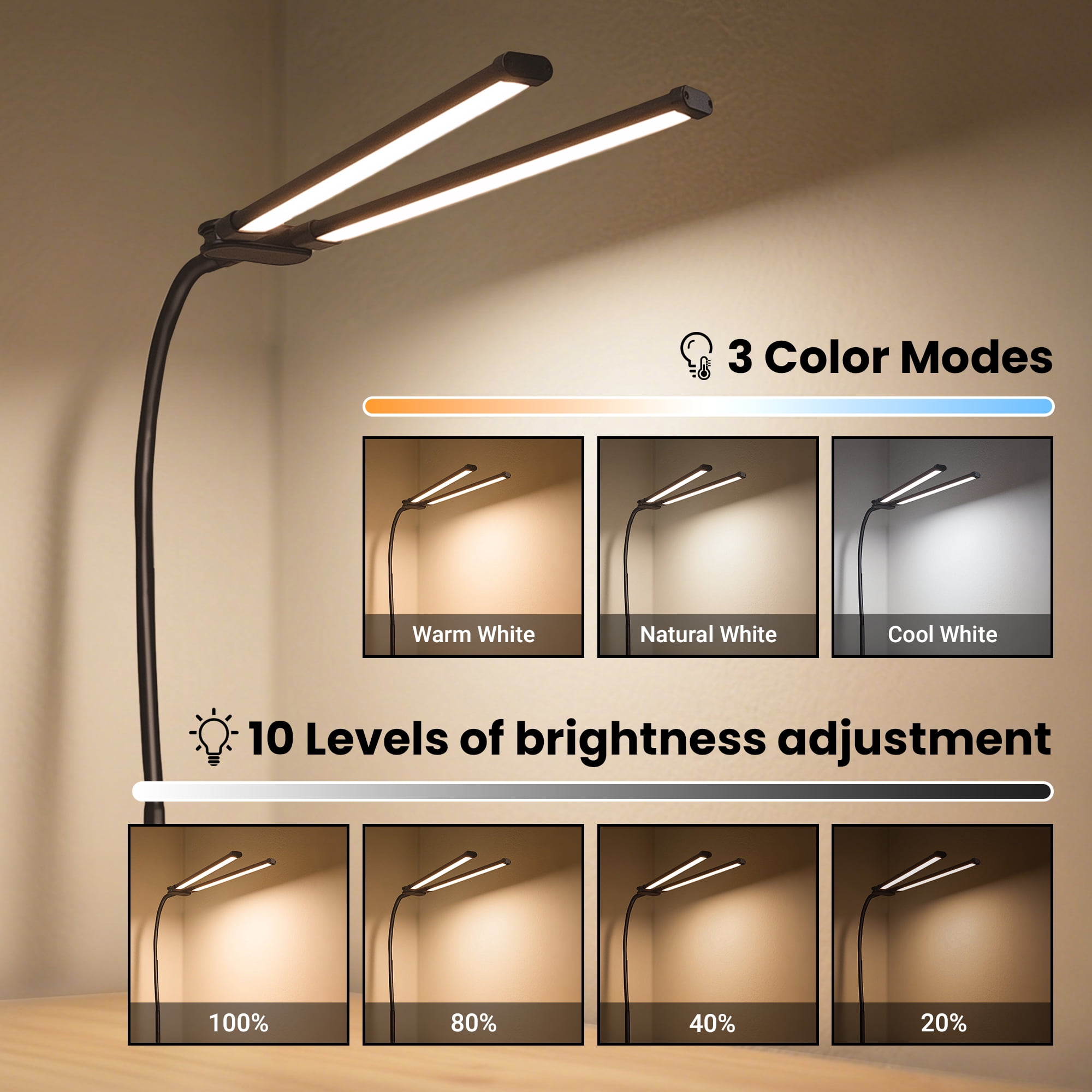 DAYBETTER LED Clip-on Desk Lamp, Double Head Reading Light, Dimmable USB Port Desk Light, 12W & 3 Color, for Home, Office,Studying