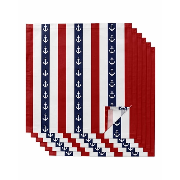 Nautical Anchor Cloth Napkins Set of 6 Reusable Dinner Napkins, Red Navy Blue White Stripe Geometric Cocktail Napkin Washable Table Napkins for Wedding/Holiday Party/Baby Shower 20"x20"