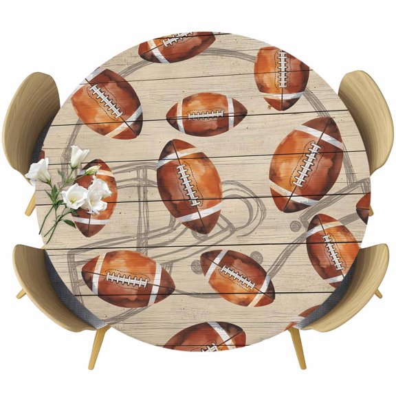 Brown Vintage Football Round Tablecloth 55-60 Inch Round Fitted Table Cloth with Elastic Edge, Wooden Retro Art Ball Waterproof Table Cover Protector for Outdoor Picnic Party Dining