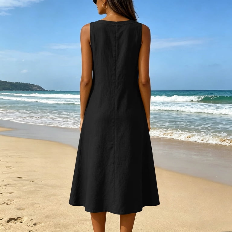 cotton gauze shift dress Shihyeh Summer Linen Dresses for Women 2026 Button V Neck Sleeveless Midi Dress Casual Cotton Gauze Shift Dress with Pockets, Women's, Size: Medium,