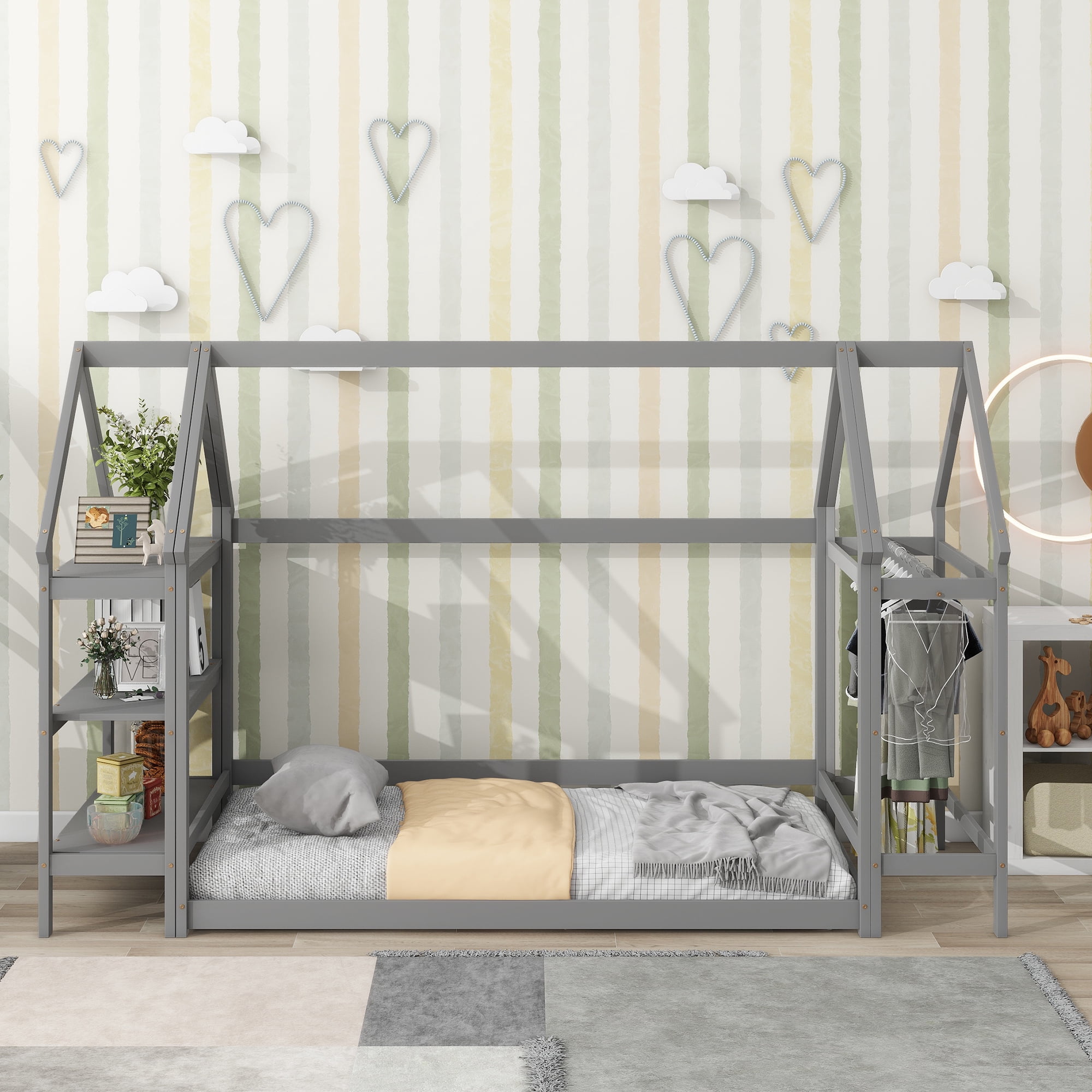 Euroco Wood Twin House-Shaped Floor Bed with Moveable Shelf and Wardrobe for Kids, Gray