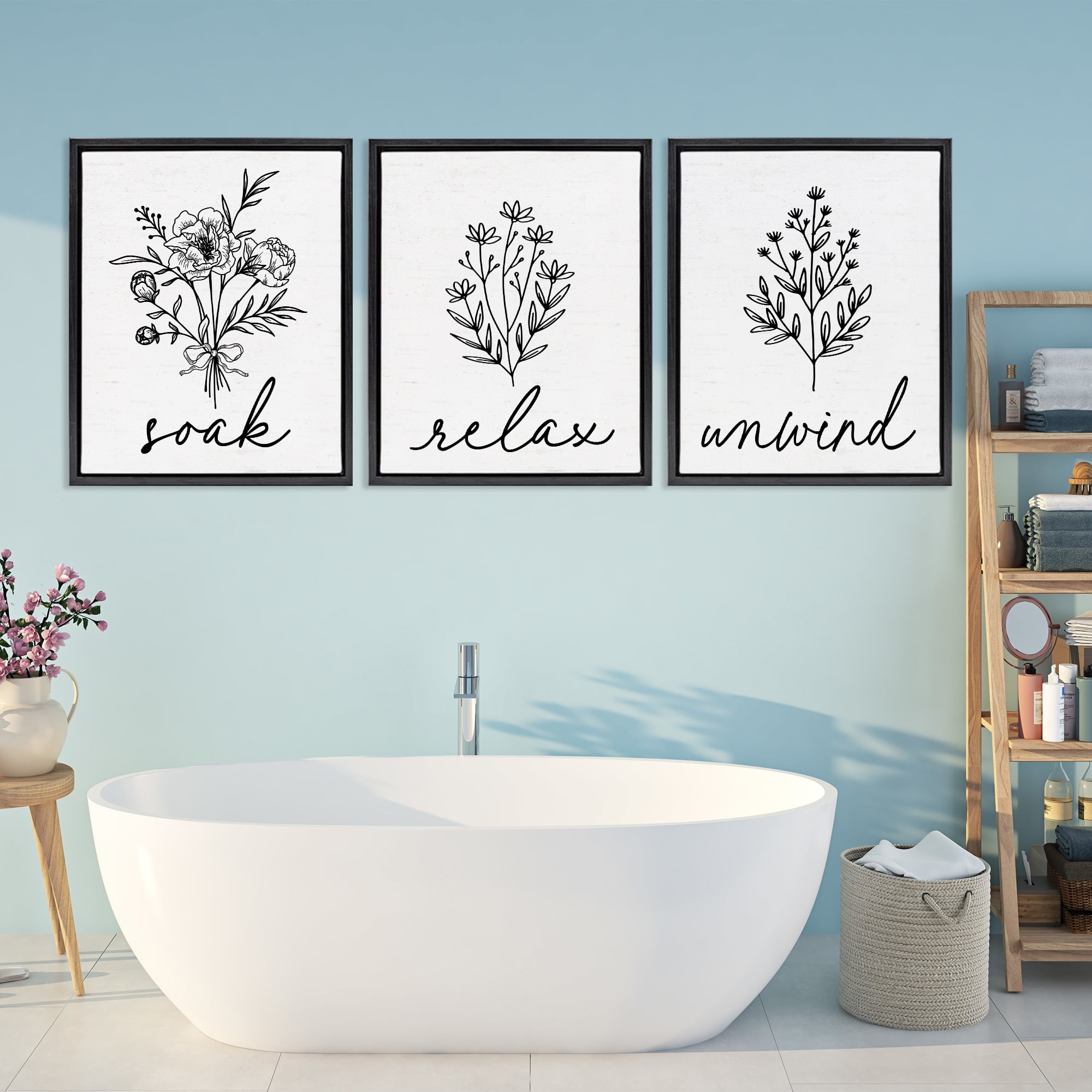 Bathroom Herbs for Relaxation 3 Piece Black Framed Floater Canvas Set, design by Lettered and Lined
