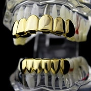 14k Gold Plated Grillz Set Six Top 6 Upper Teeth And Six Bottom 6 Lower Plain Teeth Hip Hop Grills