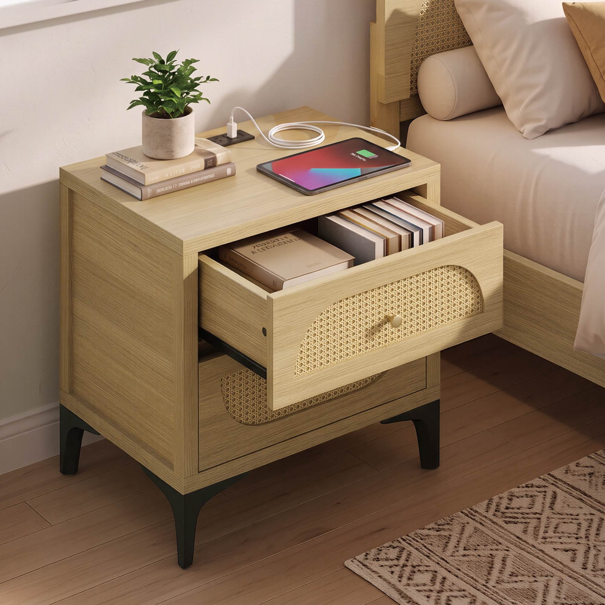 Spruce & Spring Boho Nightstands Set of 2, 2-Drawer End Tables with Charging Station, Rattan Front, Columbia Brown Wood Finish