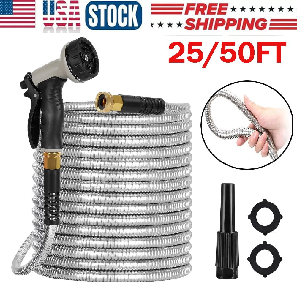 25ft 50ft Metal Garden Hose Stainless Steel Water Hose Lightweight No Kin