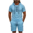 thumbnail image 3 of VBTAPA Men's Cotton Linen Outfits Short Sleeve Hooded Hippie Shirt and Cargo Shorts Casual Track Suit Sets Summer Beach Vacation Set Sky Blue XL, 3 of 8