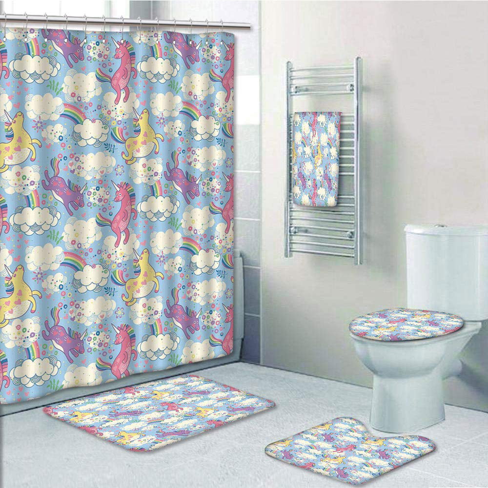 Cartoon World Map Shower Curtain Toilet Cover Rug Bath Mat Contour Rug Set 
