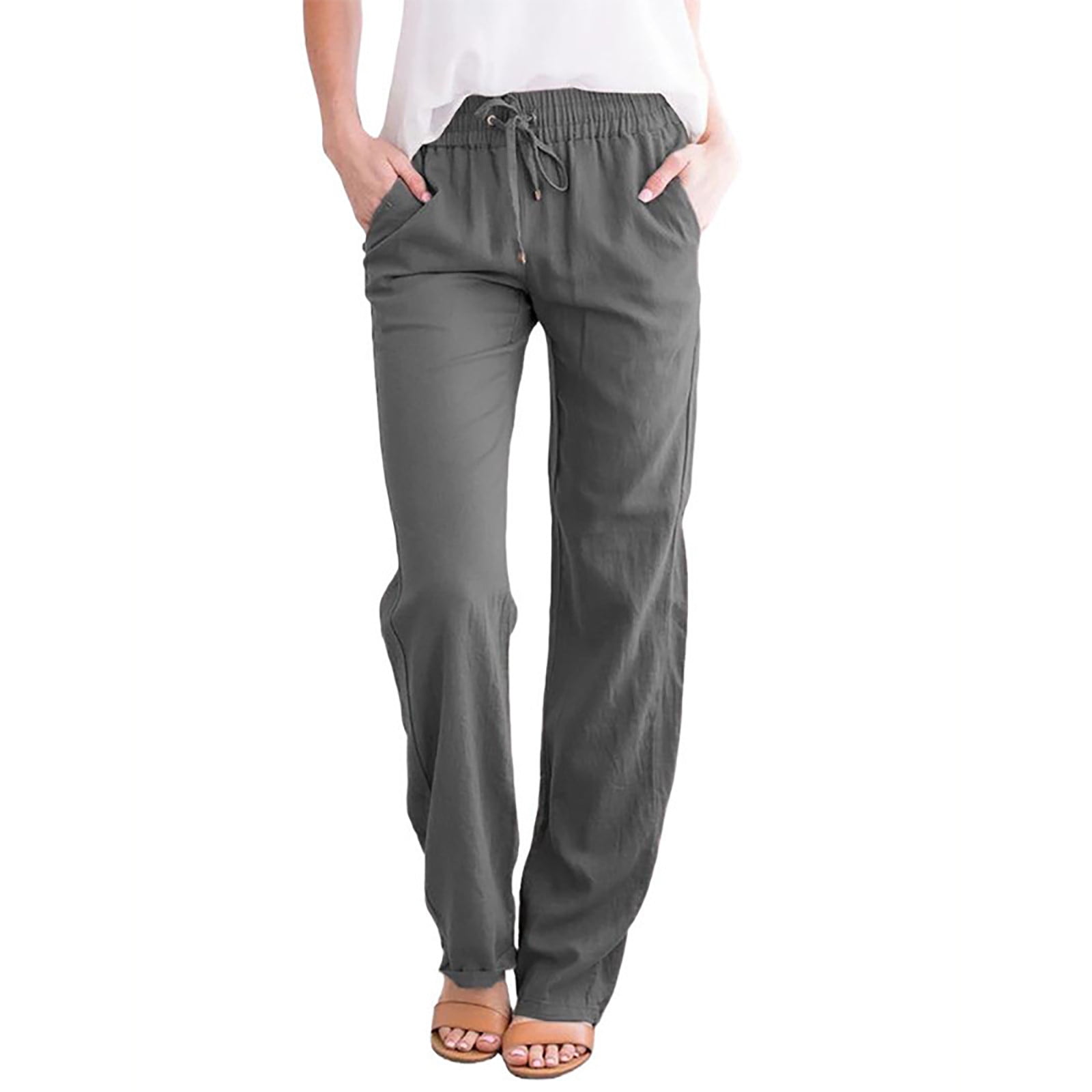 Mixpiju Capri Pants for Women Plus Size, Solid Color Cotton Linen ...
