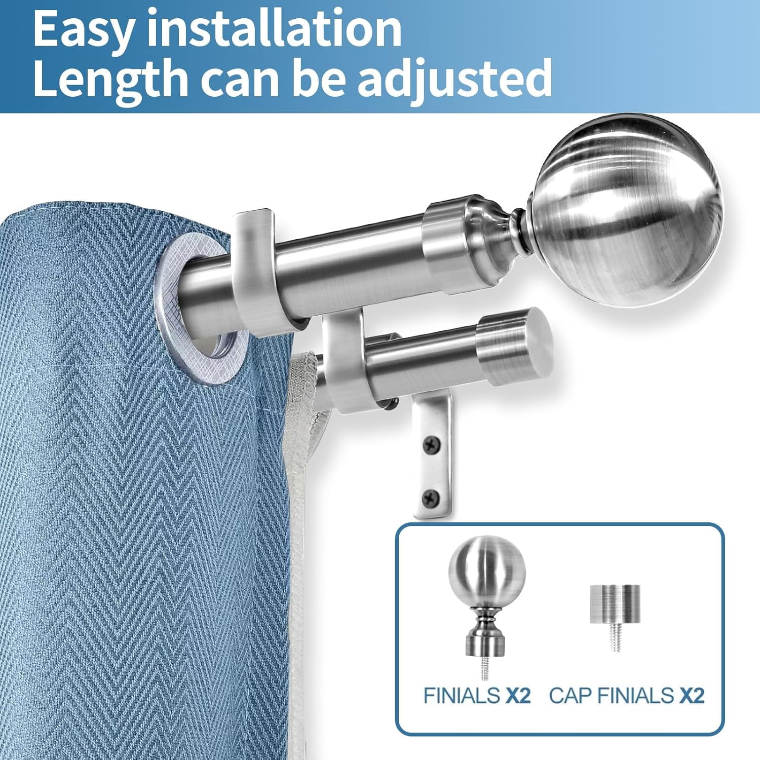 Urbanest Adjustable Double Curtain Rod Set Steel Ball Manhattan Finials – 1″ Front & 3/4 Back Rod With Brushed Steel Rod, 28–48 Inches