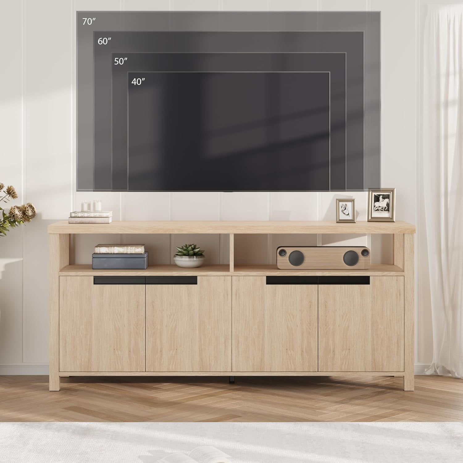 Garvee Boho TV Stand for TVs up to 70 Inch, 63" Rustic Entertainment Center with 4 Doors & Open Shelf, Adjustable Storage for Living Room, Bedroom, Natural