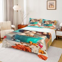 Homewish Pet Puppy Dog Twin Sheet Sets,Cartoon Animal Twin Fitted Sheet,Blue Brown Orange Flat Sheet For Boys Teens,Ultra Soft Home Decor,3-Piece