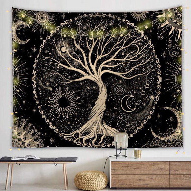 Tapiz de árbol de la vida con luz de luna, tapiz negro, tapiz psicodélico, tapiz de estrellas, tapiz de mandala, tapiz hippie, decoración de pared para dormitorio y fiesta (230 x 180 cm)