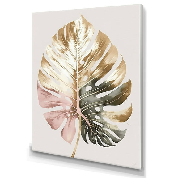 Designart Gold And White Philodendron Leaf II Canvas Wall Art