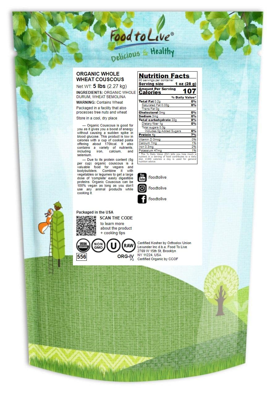 Organic Whole Wheat Couscous, 5 Pounds — Non-GMO, Kosher, Raw, Vegan — by Food to Live