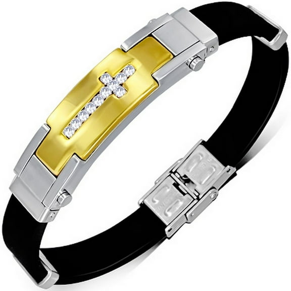 Stainless Steel Black Rubber White Clear CZ Cross Mens Bracelet, 9"