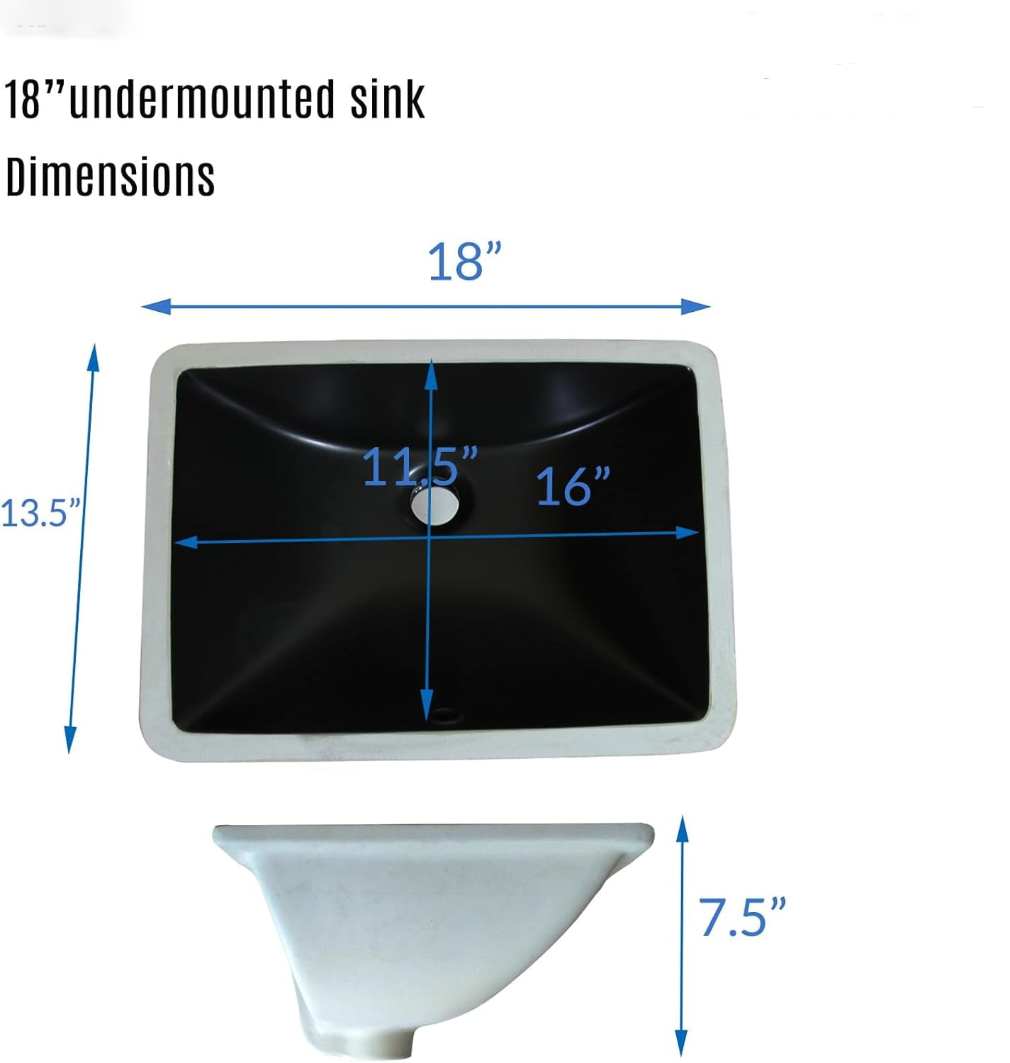 WinZo 18-inch Rectangular Undermount Bathroom Sink Modern Small Vanity Undercounter Porcelain Basin Matte Black