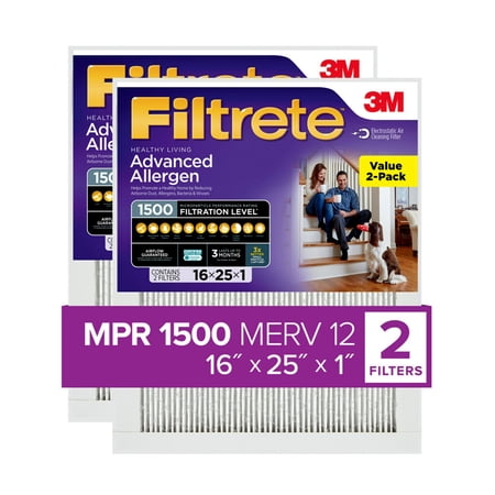 Filtrete by 3M 16x25x1, MERV 12, Allergen, Bacteria & Virus HVAC Air and Furnace Filter, 1500 MPR, 2 Filters