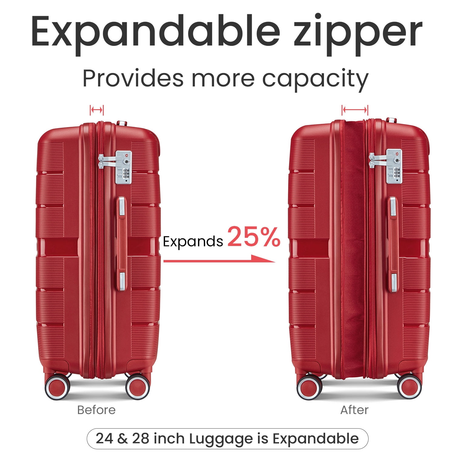 POWANLI 4 Piece Luggage Sets(14"20"24"28"）, PP Hardside Lightweight & Durable suitcase, Expandable, TSA Lock, Spinner Wheels, Airline Approved,(Wine Red)