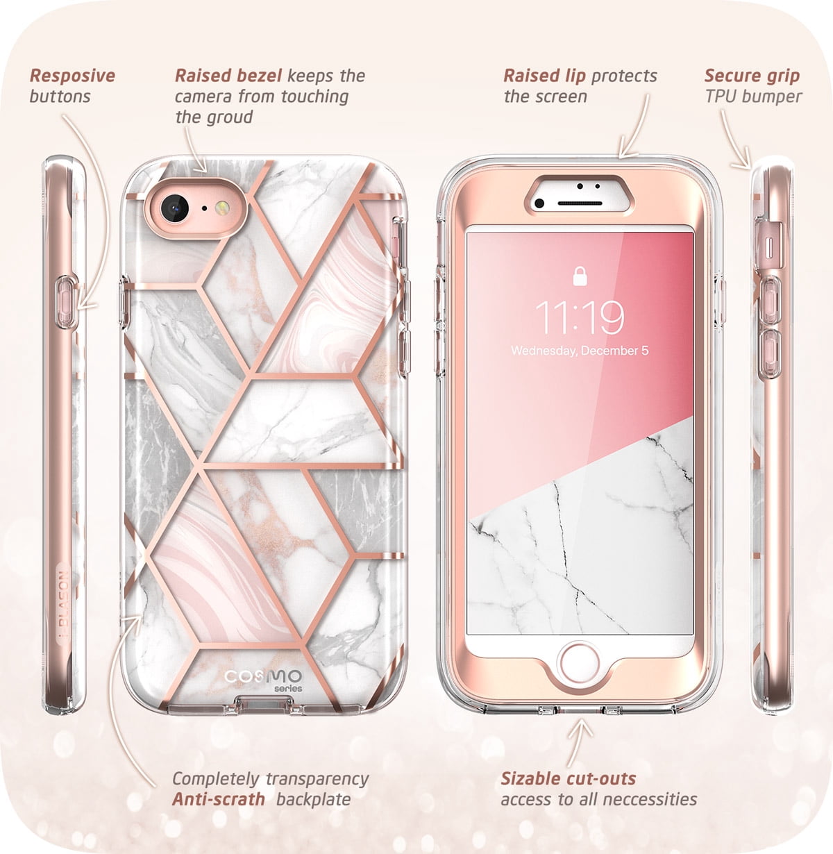 i-Blason Cosmo Series Designed for iPhone SE 2020/7/8 Case, [Built-in Screen Protector] Stylish Protective Bumper Case (Marble)