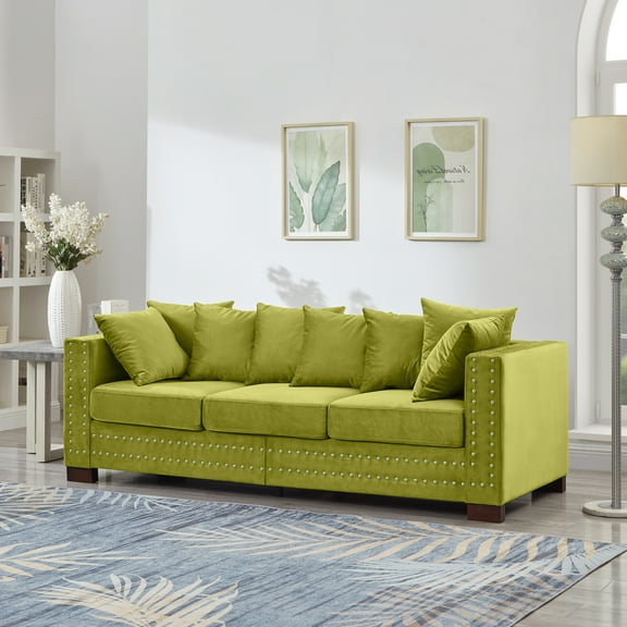 Modern Velvet Sofa with Square Armrests and Silver Nailhead Trim, Upholstered Couch for Living Room, Apartment, or Bedroom, Stylish and Comfortable Seating in （Green）