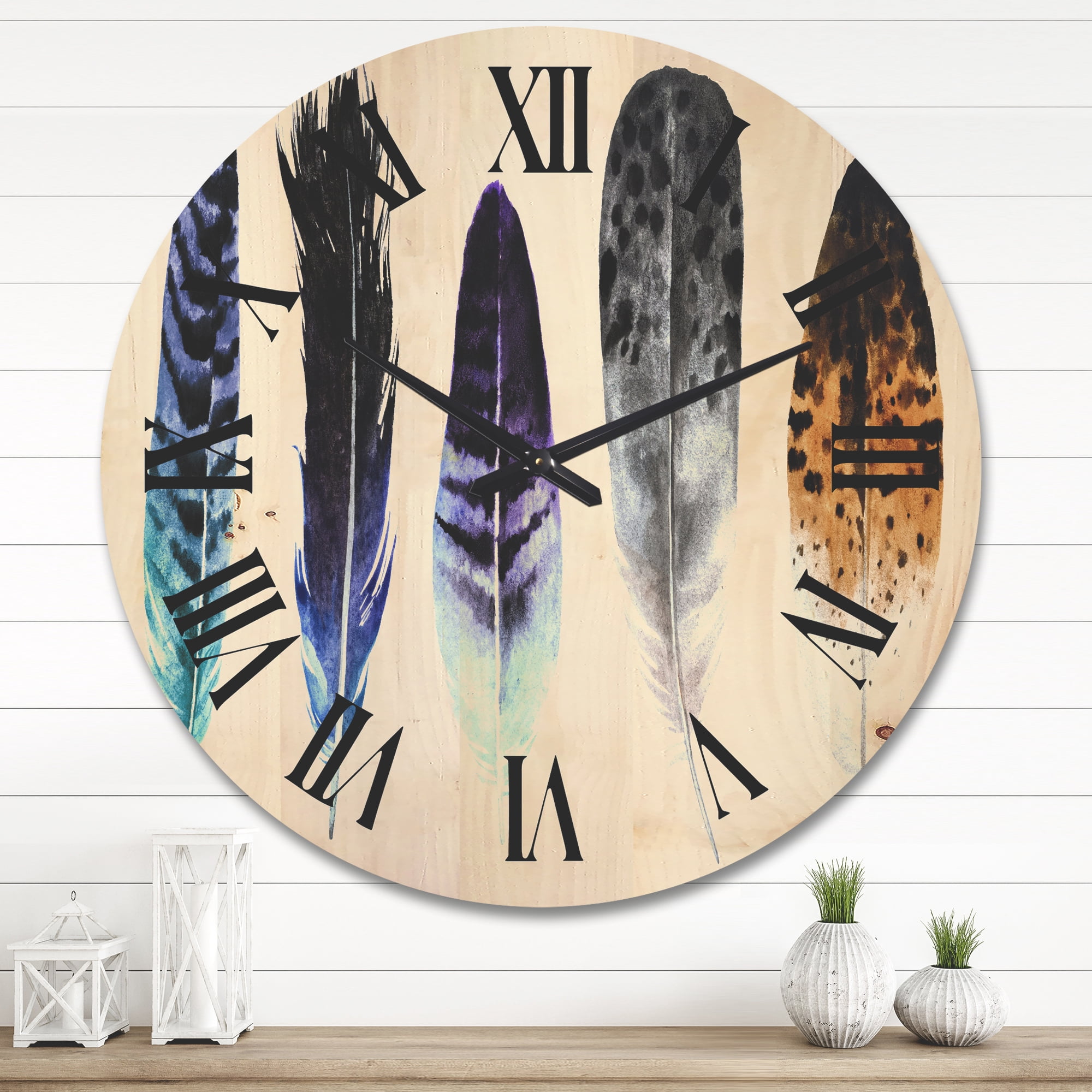 Designart 'Colourful Boho Art Feathers II' Bohemian & Eclectic Wood Wall Clock
