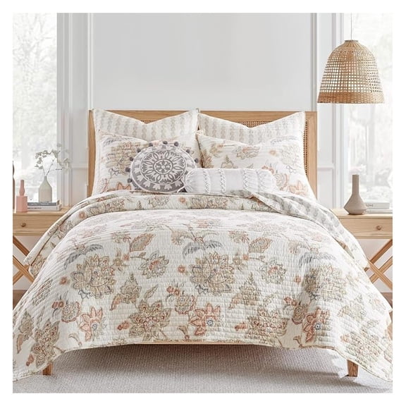 - Selesta Quilt Set - Twin Quilt and One Standard Sham - Floral - Taupe Grey - Quilt (68x86in.) and Sham (20x26in.) - Reversible - Cotton