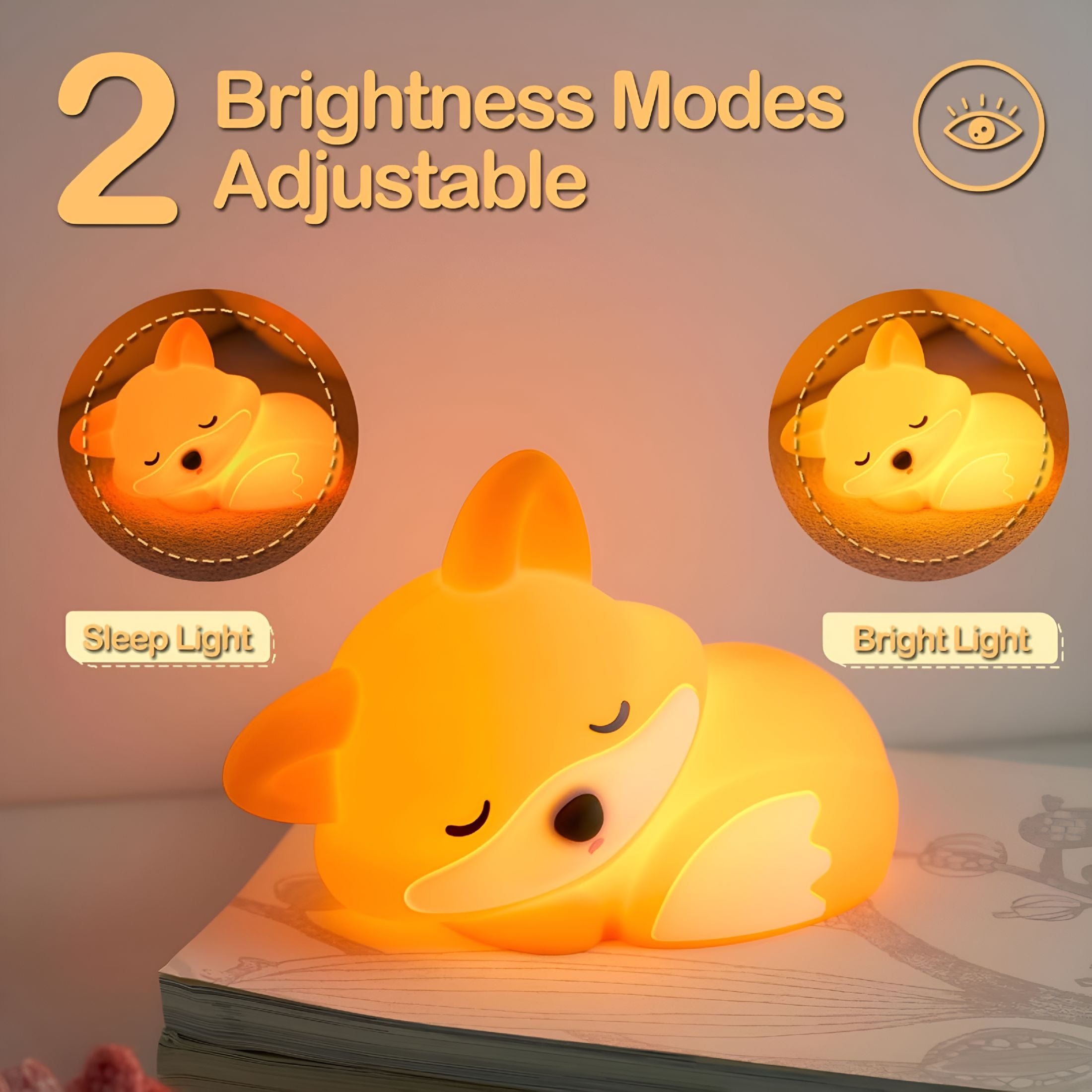 HIBIBUD Fox Night Light,Led Soft and Fluffy Novelty Animal Lamp,Food Grade Silicone,2 Level Dimmable,Nursery Nightlight for Desk Decor,Funny Gifts Stuff for Boys Girls Baby