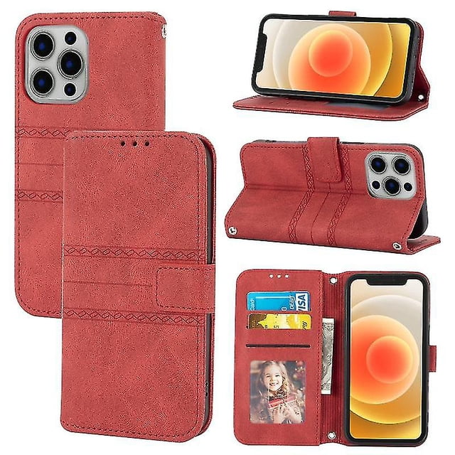 Funda de cuero PU + TPU con hebilla magnética de rayas en relieve para iPhone 13 Pro Max, con tapa horizontal, soporte, ranura para tarjetas, billetera, marco de fotos y correa