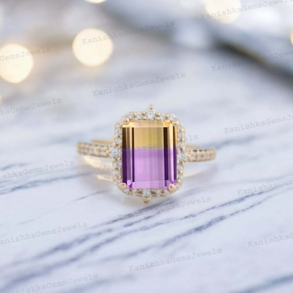 KANISHKAGEMS&JEWELS 9x7 mm / 2 Ct Emerald Cut Ametrine Engagement ring Yellow Plated Silver CZ Diamond Halo Ring Dual Birthstone Ring For Couple Christmas Gift For her