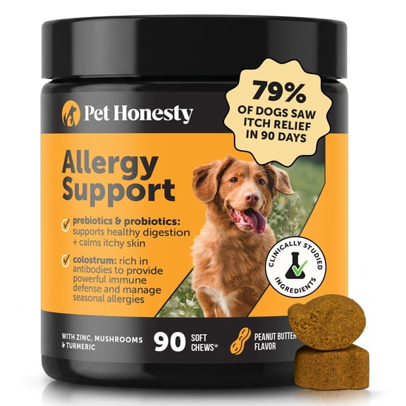 Pet Honesty Allergy Support Peanut Butter Flavored Colostrum & Turmeric Chews, Itchy Skin, Immune & Allergy Relief Supplement for Dogs, 90 count