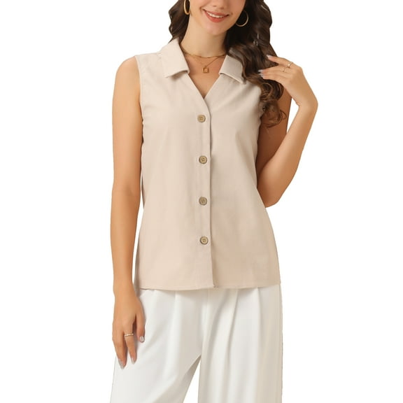 INSPIRE CHIC Women's Sleeveless Work Button Down Collared Linen Tops XL Apricot