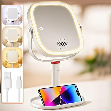 BBeauty Planet Makeup Mirror with Lights 1X/20X Magnifying Mirror Vanity Mirror with 3 Colors Lights Height Adjustable Lighted Makeup Mirror Double Sided 360°Rotation Memory Function (White)