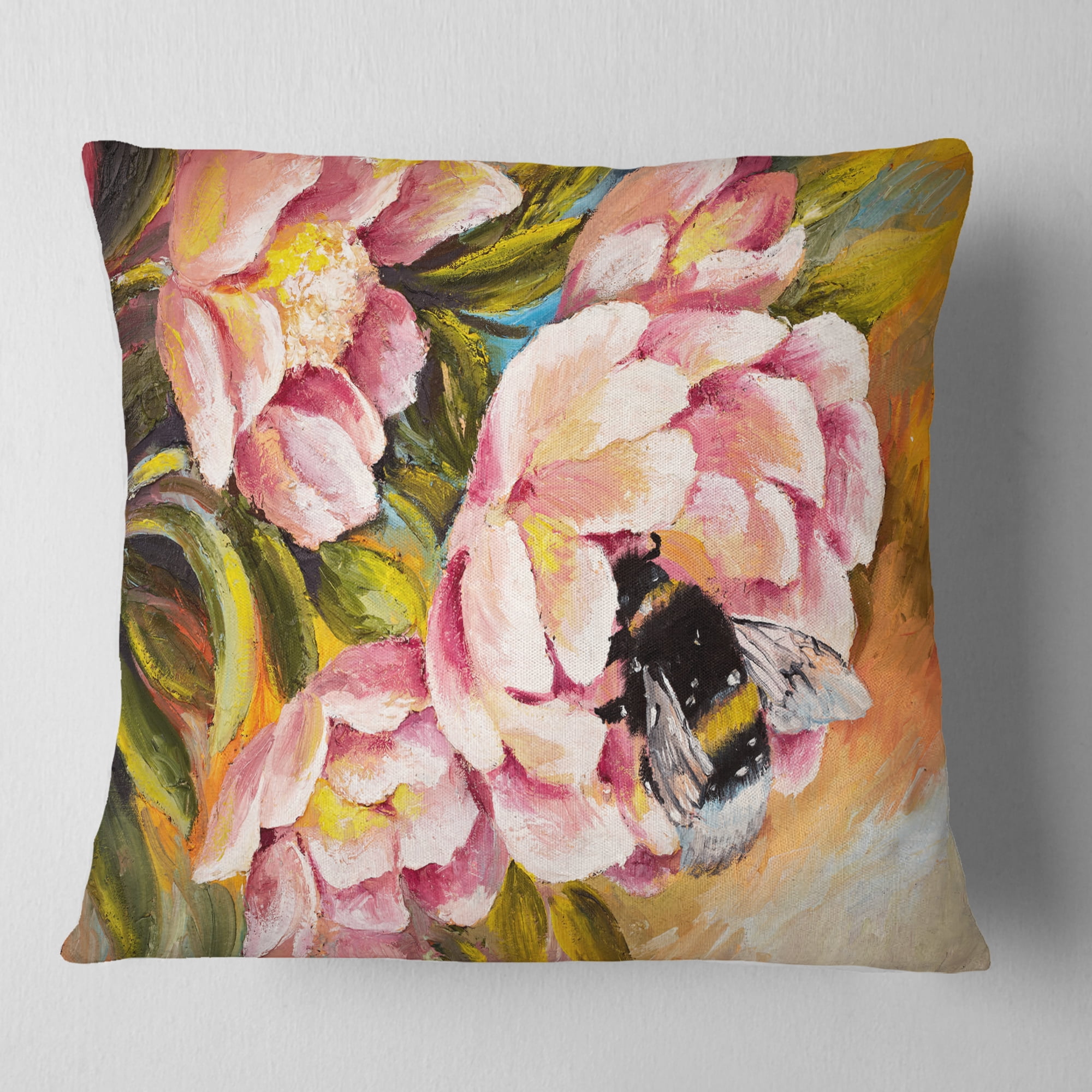 Designart Bee Sitting on Flower - Floral Throw Pillow - 16x16