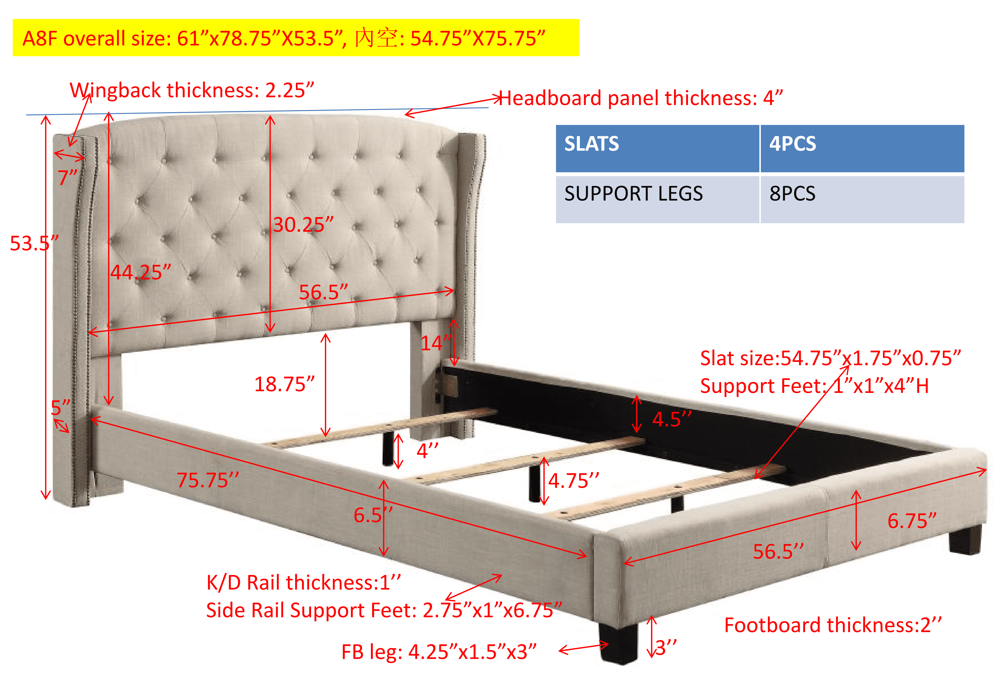 BSHTI Dark Grey Tufted Wingback Full Size Bed, Upholstered Platform Bed Frame with Button Tufted Headboard, Box Spring Needed, Modern Bedroom Furniture