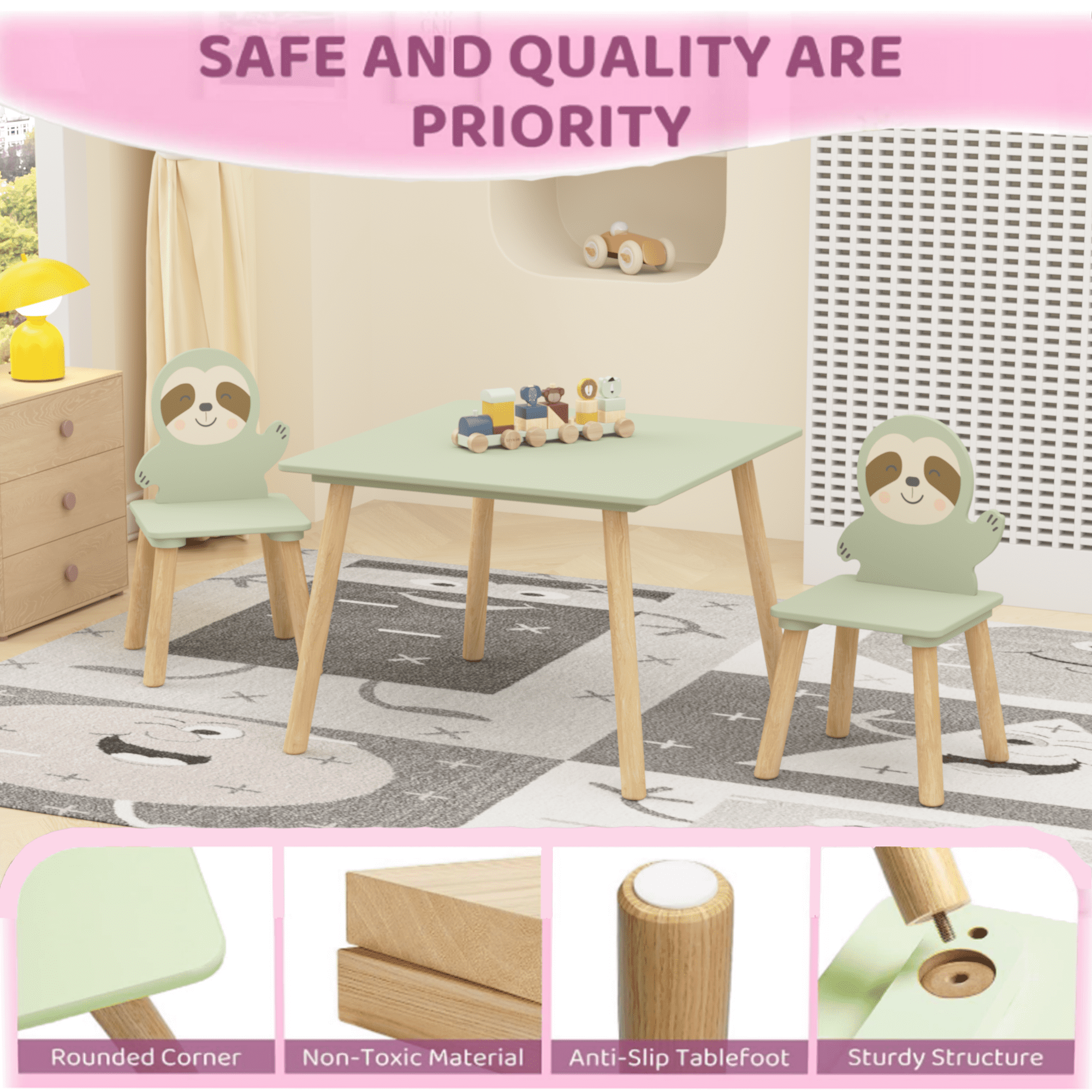 Kids Table and 2 Sloth Chairs Set, Wooden Toddler Activity Play Study Table, Cute Animal Design for Ages 2-8, Playroom Bedroom Classroom