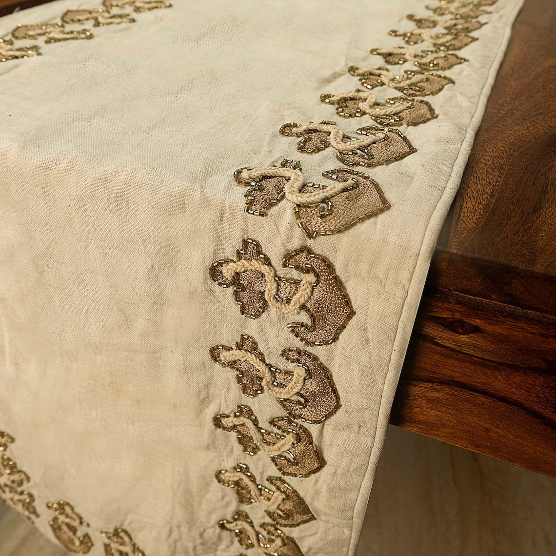 Luxury Beige Handmade Table Runner 14 x 108 inch, Beaded Embroidery Table Runner on Linen fabric - Anchor Hold