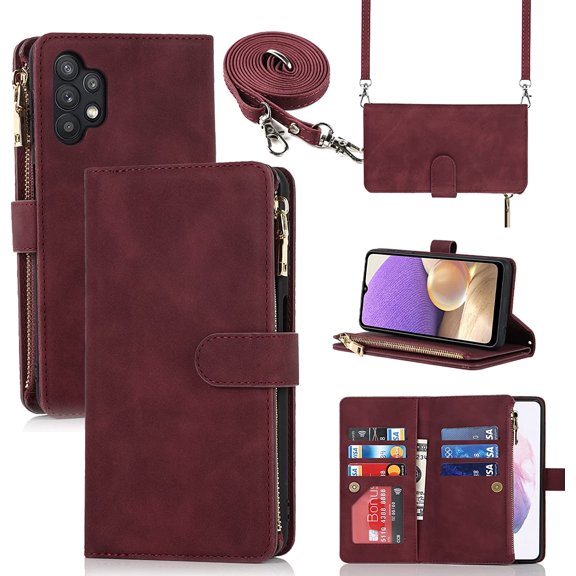 Samsung Galaxy A32 5G Wallet Case,[9 Card Slots] Removable Adjustable Crossbody Necklace Lanyard Shoulder Strap Zipper Magnetic Leather Case for Samsung Galaxy A32 5G,6.5 inch Burgundy