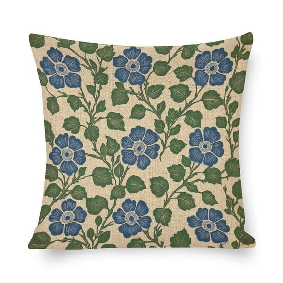 Pillow Case Blue And Green Vintage Flowers Farmhouse Pillow Covers Outdoor Throw Pillow Covers Cushion Cases Decorative Vintage Block Print Flowers Pillowcase Cover 16"x16" Decor for Sofa Couch