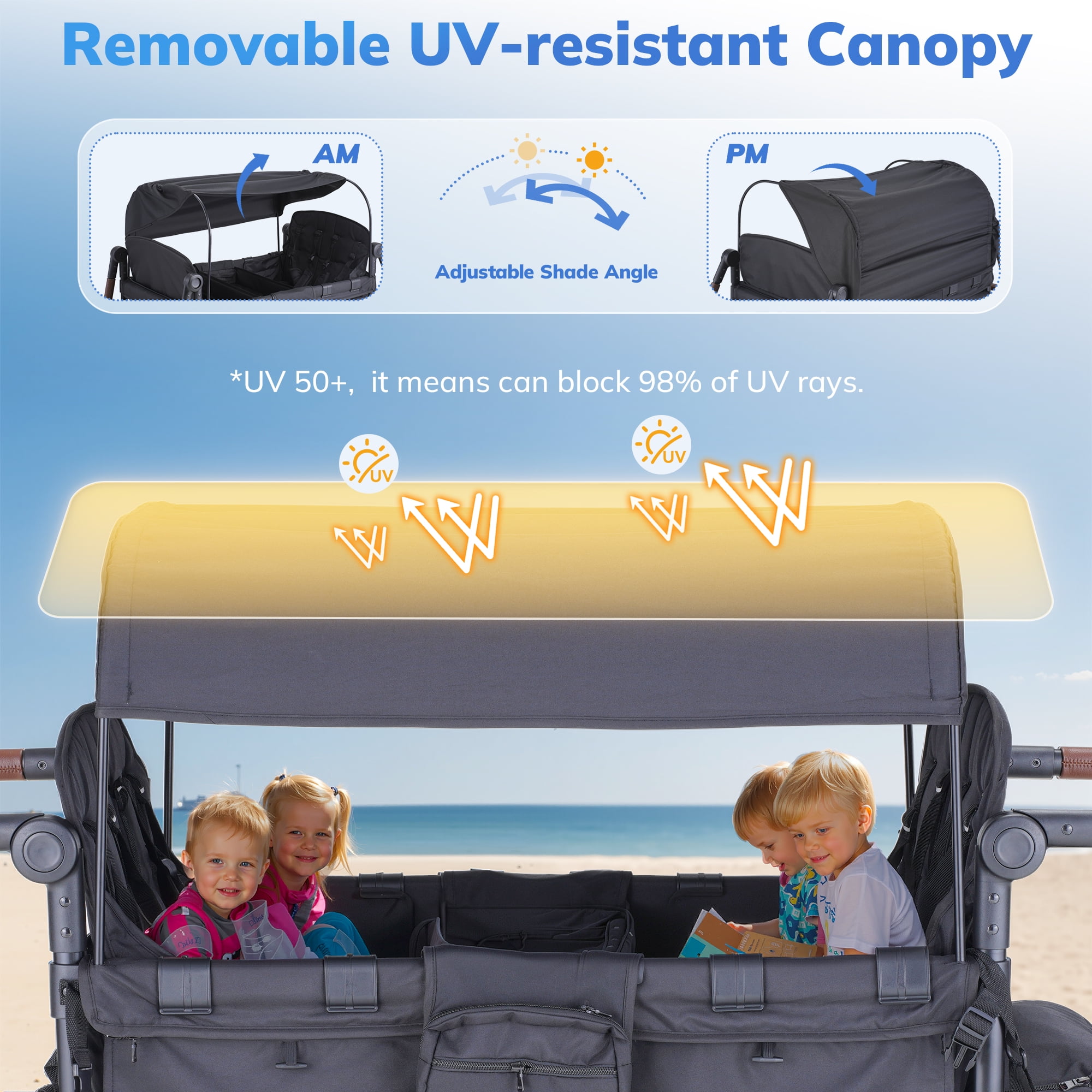 SACVON 4-in-1 Baby Stroller Wagon, 4-Seat Convertible Wagon for Kids with Removable Canopy, Cooler Bag, Adjustable Handle, for Outdoor Camping & Travel, Black