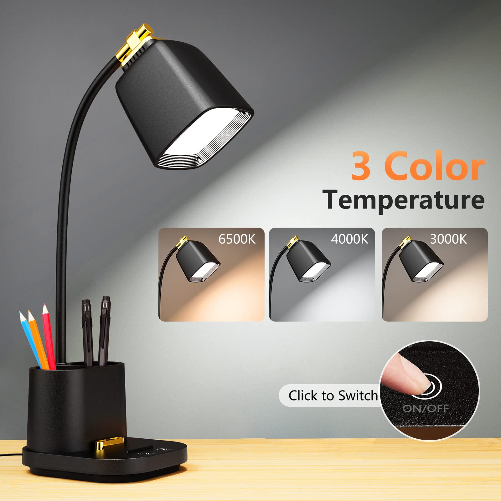 LED Desk Lamp with USB Charging Port Touch Control 3 Color Modes, Stepless Dimming, Home Office Desk Lamp, LED Small Desk Lamp in University Dormitory, Study Desk Lamp, Gooseneck Lamp
