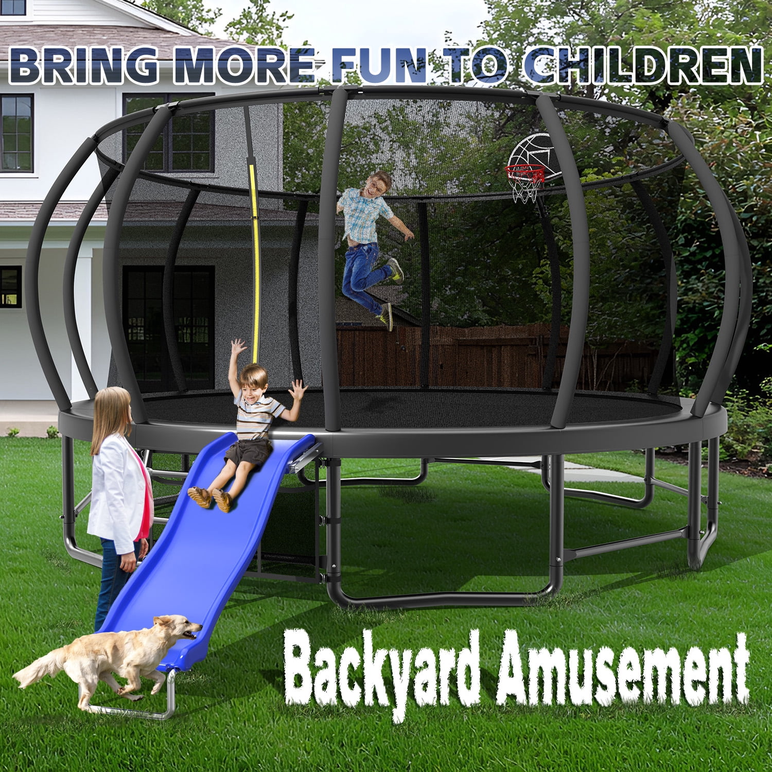 Mersco 16FT Heavy Duty Trampoline with Enclosure Net , Slide Outdoor Big Trampoline for Backyard,Kids Trampoline with Basketball Hoop,Birthday and Holiday Gifts for Kids,Black