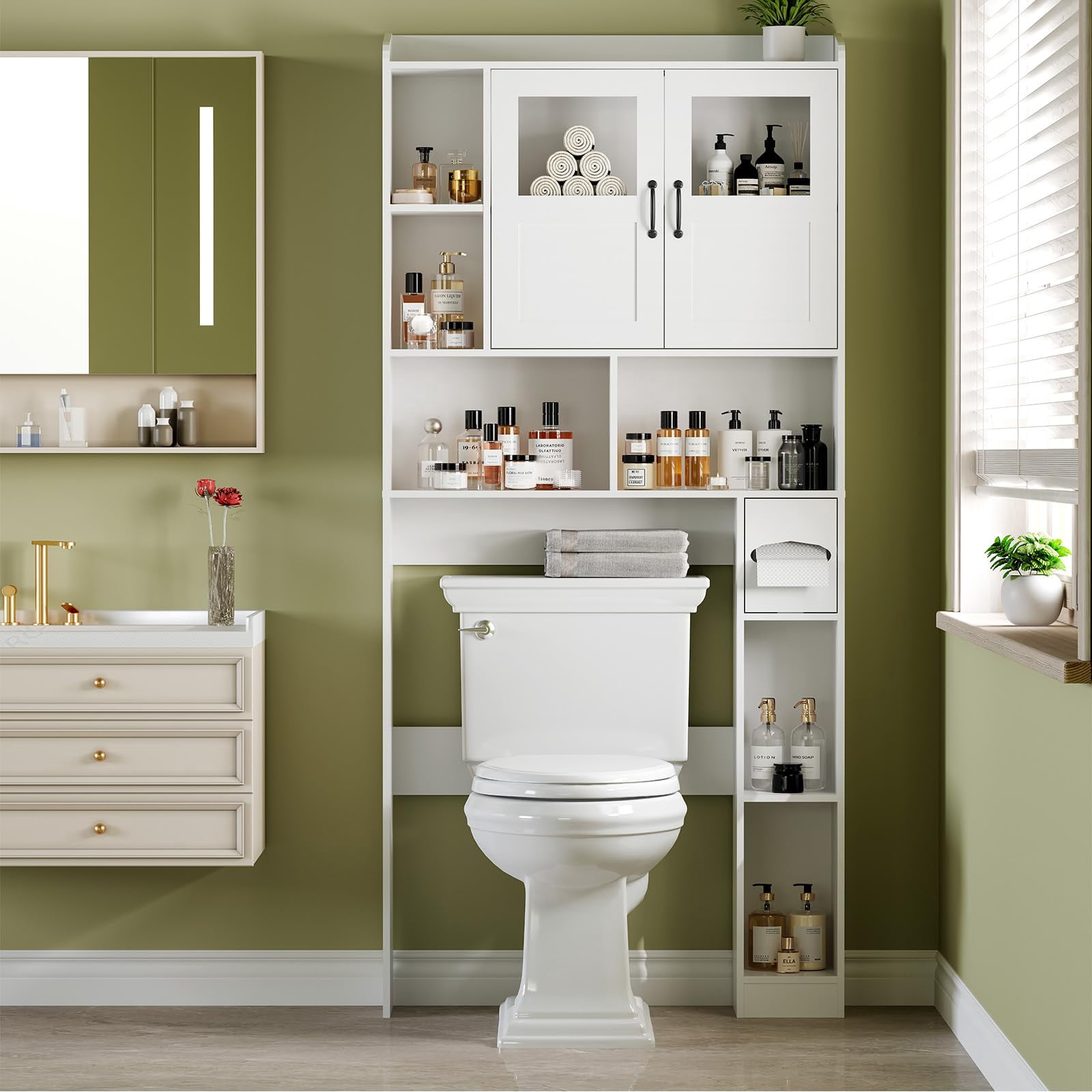 Ataujin 67.4" Tall Over Toilet Storage Cabinet, Freestanding or Wall-Mounted Toilet Organizer with Glass Door & Adjustable Shelves for Bathroom & Laundry Room