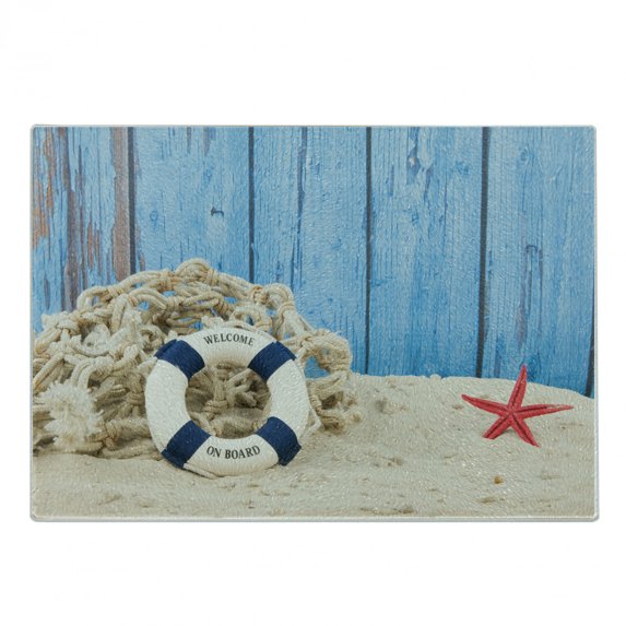 Coastal Cutting Board, Marine Theme Welcome Message on Beach Coastline Vintage Style Picture Print, Decorative Tempered Glass Cutting and Serving Board, Small Size, Eggshell Blue Red, by Ambesonne