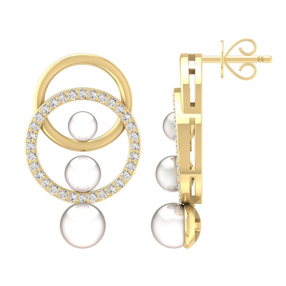 Araiya Fine Jewelry 10K Yellow Gold Round Shaped Diamond and Pearl Drop Earrings (1/4 cttw, I-J Color, I2-I3 Clarity)