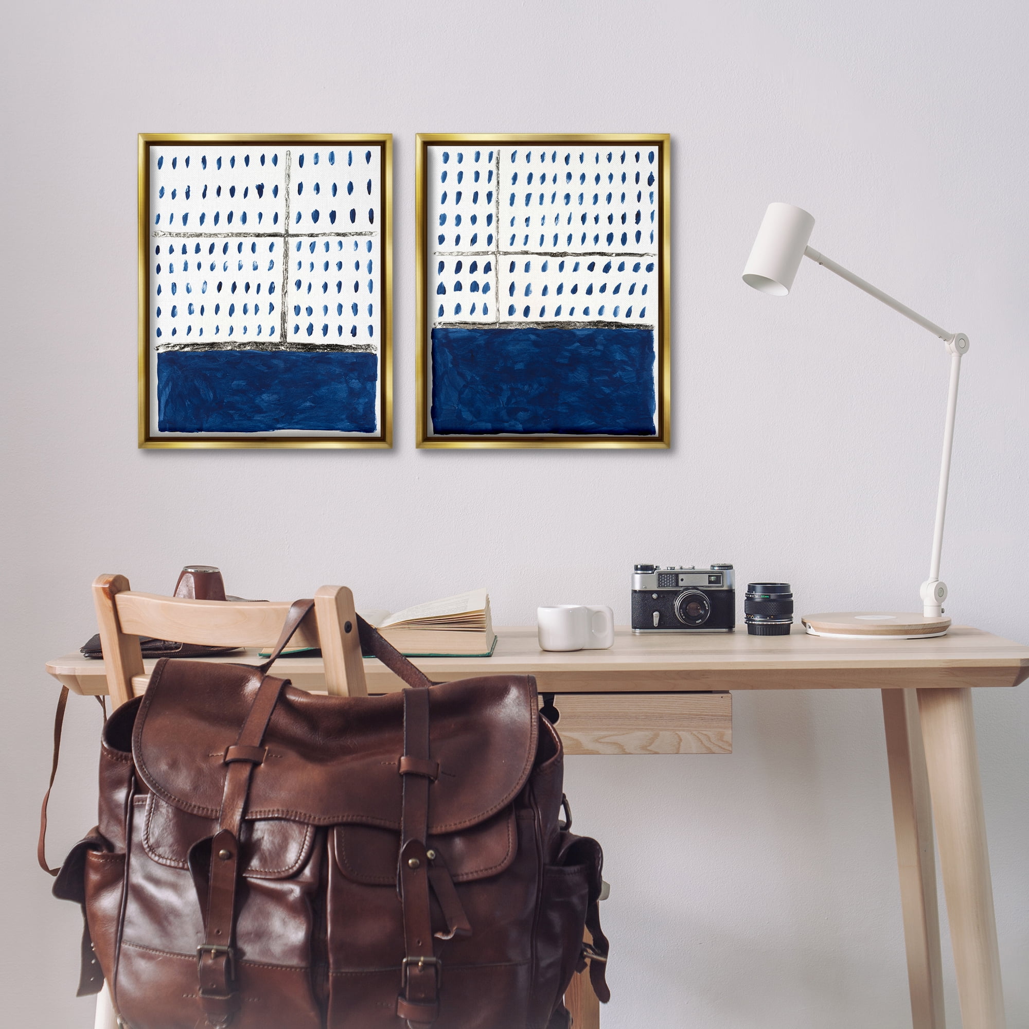 Stupell Industries Abstract Indigo Block Room Abstract Painting Gold Floater Framed Canvas Art Print Wall Art, 17 x 21, Set of 2